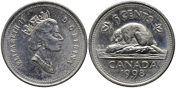 Канада 5 центов 1998 бобр, Елизавета II (1952-) KM 182 медно-никель PROOF 4577-852