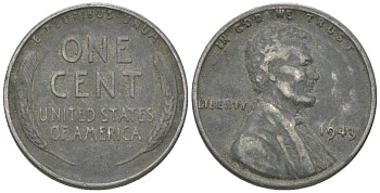США 1 цент 1943 Авраам Линкольн KM 132 a сталь покрытая цинком 214-658