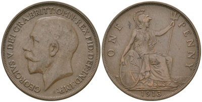 Великобритания 1 пенни 1913 Георг V (1910-1936) KM 810, Spink 4051 бронза    69-235
