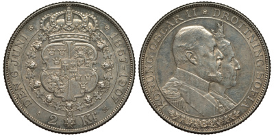 Швеция 2 кроны 1907 Оскар II (1872-1907) король Швеции, золотая свадьба KM 776 серебро 1515-1013