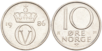 НОРВЕГИЯ 10 ЭРЕ 1986 ОЛАФ V (1957-1991) KM 416 медно-никель 112-616