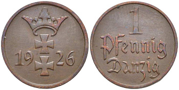 Данциг 1 пфенниг 1926 KM 140, J. D.2 бронза 3458-169