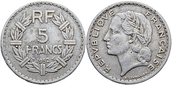ФРАНЦИЯ 5 ФРАНКОВ 1952 РЕДКИЙ ГОД KM 888b.1 алюминий 74-521