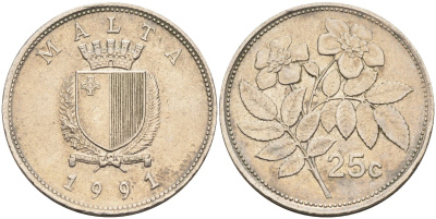 Мальта 25 центов 1991 шиповник вечнозелёный KM 97 медно-никель 186-753