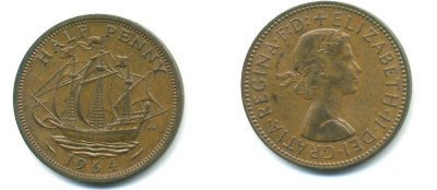 Великобритания 1/2 пенни 1964 Елизавета II (1952-2022) KM 896, Spink 4158 бронза 3999-126