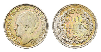 Нидерланды 10 центов 1934 Вильгельмина (1890-1948) KM 163 серебро 4674-1234