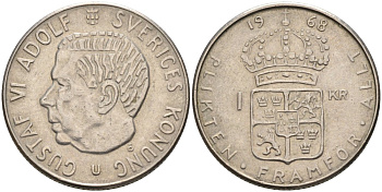 Швеция 1 крона 1968 U, Густав VI Адольф (1950-1973) KM 826 серебро 4582-437