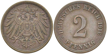 Германия 2 пфеннига 1916 A KM 16, J. 11, Weege 4 медь 212-426