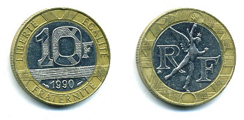 Франция 10 франков 1990 тип Гений Бастилии KM 964.1, Le Frank 375.5 биметалл 25-2251