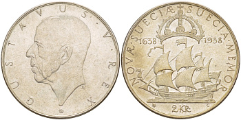 Швеция 2 кроны 1938 G, Густав V (1907-1950), 300 лет шведским поселениям в Делавере KM 807 серебро UNC 1520-333