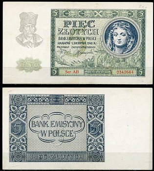 Польша 5 злотых 1941 эмиссионный банк в Польше (немецкая оккупация) Pick 101 бумага XF 00-00