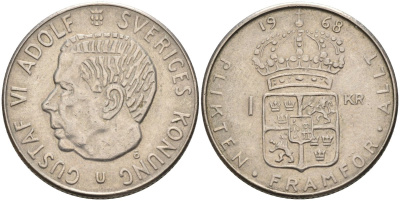 Швеция 1 крона 1968 U, Густав VI Адольф (1950-1973) KM 826 серебро 4582-437
