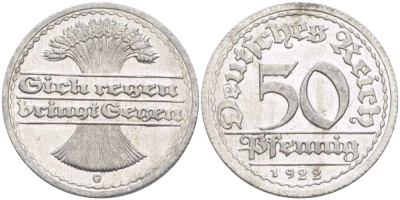 ГЕРМАНИЯ 50 ПФЕННИГОВ 1922 G KM 27, J. 301, Weege 10 алюминий 261-757