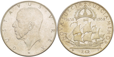 Швеция 2 кроны 1938 G, Густав V (1907-1950), 300 лет шведским поселениям в Делавере KM 807 серебро UNC 1520-333