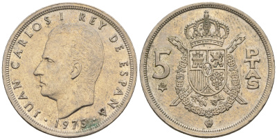 Испания 5 песет 1975 (80) Хуан Карлос I (1975-2014) KM 807 медно-никель 259-154