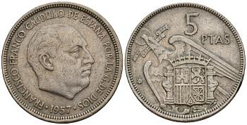 Испания 5 песет 1957 (67) Франсиско Франко (1939-1975) KM 786 медно-никель 186-643