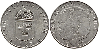 Швеция 1 крона 1983 Карл XVI Густав (1973- ) KM 852a медно-никель 4397-1115