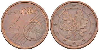 ГЕРМАНИЯ 2 ЕВРОЦЕНТА 2002 D KM 208 сталь плакированная медью 4532-325