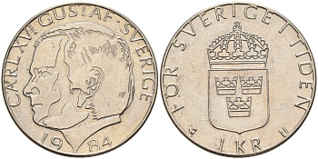 Швеция 1 крона 1984 Карл XVI Густав (1973- ) KM 852а медно-никель 4582-456