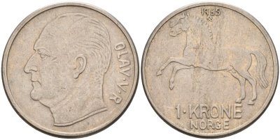 Норвегия 1 крона 1965 лошадь, Улаф V (1958-1991) KM 409 медно-никель 4575-743