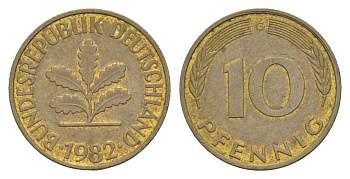 ФРГ 10 пфеннигов 1982 G KM 108, J. 383 сталь плакированная латунью 4630-1269