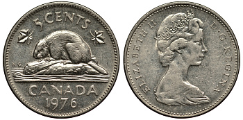 Канада 5 центов 1976 бобр, Елизавета II (1952-2022) KM 60.1 никель 4182-251