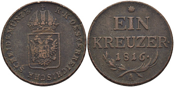 АВСТРИЯ 1 КРЕЙЦЕР 1816 А, ФРАНЦ II (1792-1835) KM 2113 медь 79-512