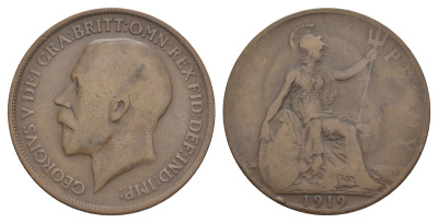 Великобритания 1 пенни 1919 Георг V (1910-1936) KМ 810, Spink 4051 бронза 4634-446