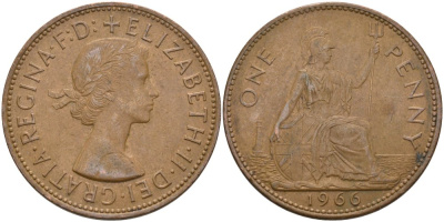 Великобритания 1 пенни 1966 Елизавета II (1952-2022) KM 897, Spink 4157 бронза 4574-246