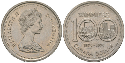 Канада 1 доллар 1974 100 лет городу Виннипег KM 88 никель aUNC 4389-443