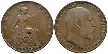 Великобритания 1 пенни 1908 Эдуард VII (1901-1910) KM 794.2, Spink 3990 бронза 37-614