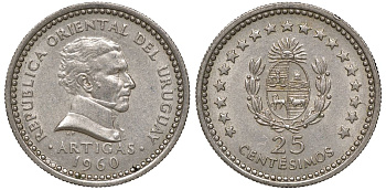 Уругвай 25 сентесимо 1960 KM 40 медно-никель 4169-1034