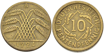 ГЕРМАНИЯ 10 РЕНТЕНПФЕННИГА 1924 A KM 33, J.309, Weege 8 алюминиевая бронза 202-234