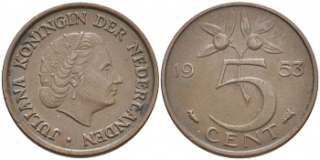 Нидерланды 5 центов 1953 Юлиана (1948-1980) KM 181 бронза 3856-1212