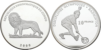 Конго 10 франков 2000 олимпийские дисциплины, бандминтон KM 54 серебро PROOF 04-319-23
