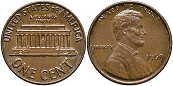 США 1 ЦЕНТ 1969 ЛИНКОЛЬН KM 201 медь цинк 4392-668