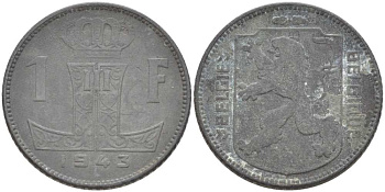 БЕЛЬГИЯ 1 ФРАНК 1943 BELGIE-BELGIQUE, ЛЕОПОЛЬД II (1934-1950), ГЕРМАНСКАЯ ОККУПАЦИЯ, ВТОРАЯ МИРОВАЯ ВОЙНА KM 128 цинк 210-1112