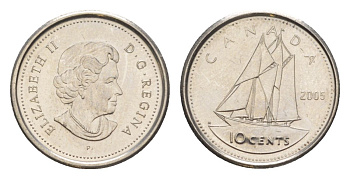Канада 10 центов 2005 P, Елизавета II (1952-2022), парусник KM 492 сталь плакированная никелем UNC 4630-857