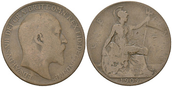 Великобритания 1 пенни 1909 Эдуард VII (1901-1910) KM 794.2, Spink 3990 бронза 221-1241