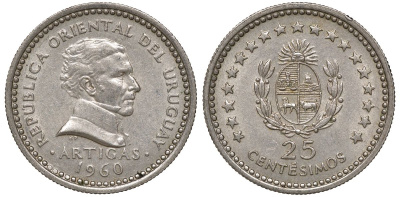 Уругвай 25 сентесимо 1960 KM 40 медно-никель 4169-1034