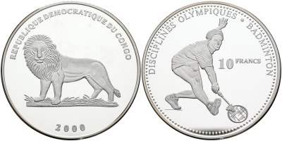Конго 10 франков 2000 олимпийские дисциплины, бандминтон KM 54 серебро PROOF 04-319-23