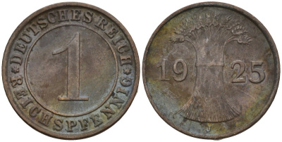 Германия 1 рейхспфенниг 1925 J KM 37, J. 313 бронза 4516-549