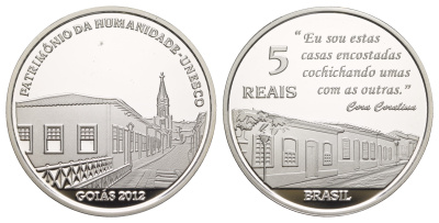 Бразилия 5 реалов 2012 ЮНЕСКО - Гояс, тираж 3.000 экземпляров, в оригинальной коробке, с сертификатом KM 682 серебро  PROOF  3-6-1-03