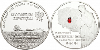 Польша 10 злотых 2009 25 лет со дня убийства Ежи Попелушко, красная слеза KM 701 серебро PROOF M1-18