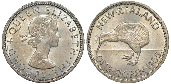 Новая Зеландия 1 флорин 1965 Елизавета II (1952-2022), птичка киви KM 28.2 медно-никель XF-UNC 51-642