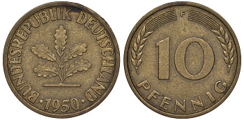 ФРГ 10 пфеннигов 1950 F KM 108, J 383 сталь плакированная латунью 25-1741