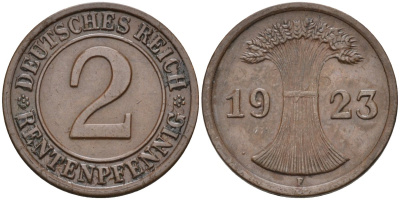 Германия 2 рентенпфеннига 1923 F, выпуск 1924 года KM 31, J.307, Weege 3 медь 4584-557