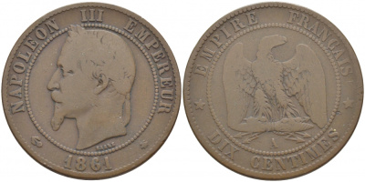 ФРАНЦИЯ 10 САНТИМОВ 1861 A, НАПОЛЕОН III (1852-1870) KM 798.1, LA FRANC 134.2 бронза 114-645