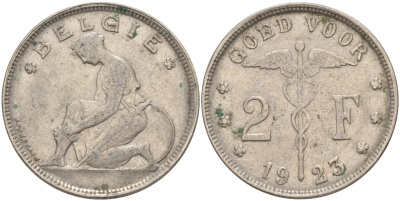 Бельгия 2 франка 1923 Belgie, Альберт I (1909-1934) KM 92 никель 4111-216