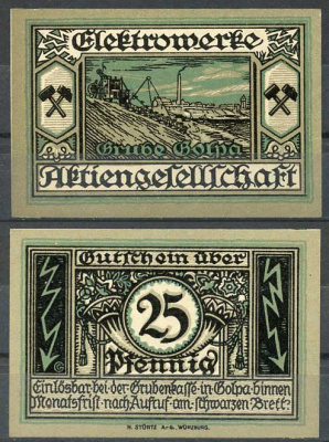 Германия, Чорневиц 25 пфеннигов 1921 частный выпуск электростанции AG Grube Golpa Grabowski 454.1 бумага UNC (пресс) 8614-48-1-1